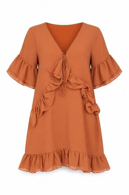 Boohoo Womens Brown Polyester A-Line Size 10 V-Neck Zip - Frill Bow