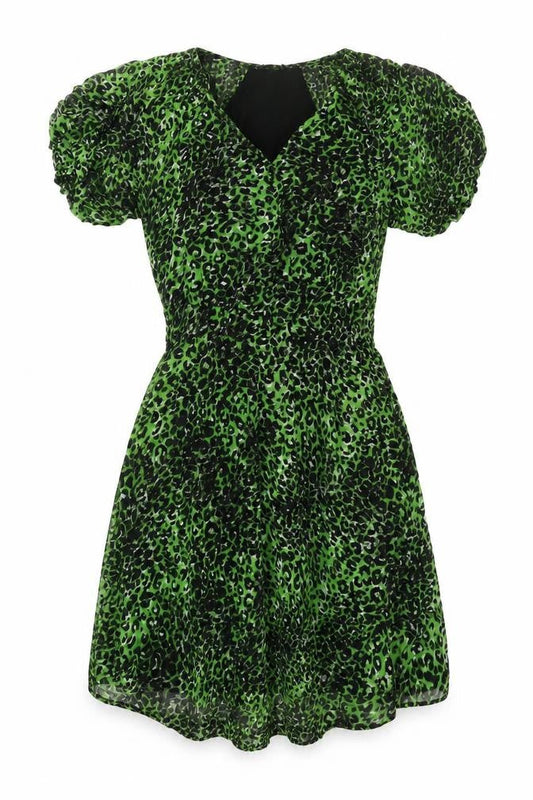 Next Womens Green Animal Print Viscose A-Line Size 6 V-Neck Button - Leopard Print
