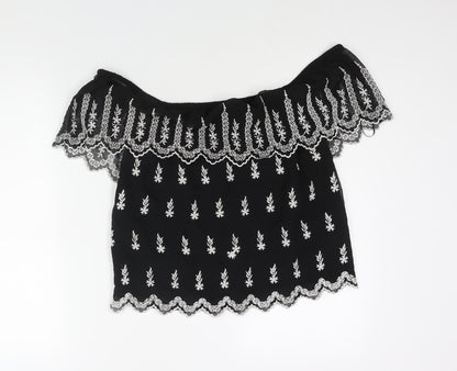 Additional front view of Miss Selfridge women’s black geometric polyester basic blouse, off the shoulder - embroidered frill