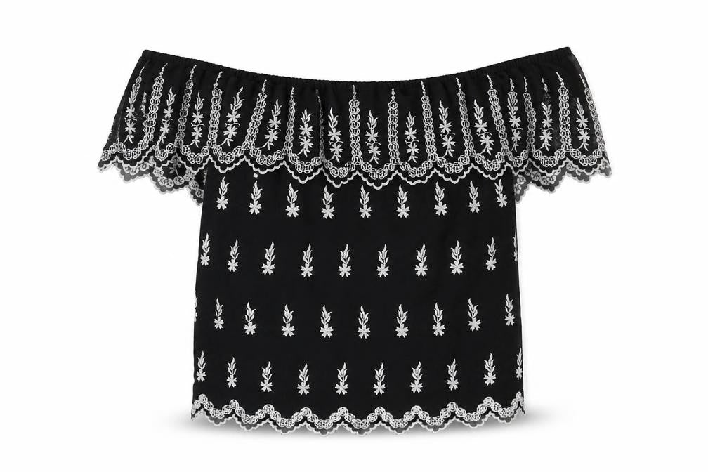 Miss Selfridge Womens Black Geometric Polyester Basic Blouse Size 8 Off the Shoulder - Embroidered Frill