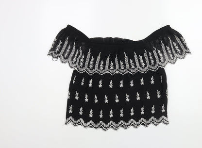 Back view of Miss Selfridge women’s black geometric polyester basic blouse, size UK 8, off the shoulder - embroidered frill