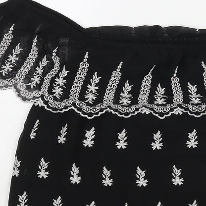 Brand and care label for Miss Selfridge women’s black geometric polyester basic blouse, off the shoulder - embroidered frill