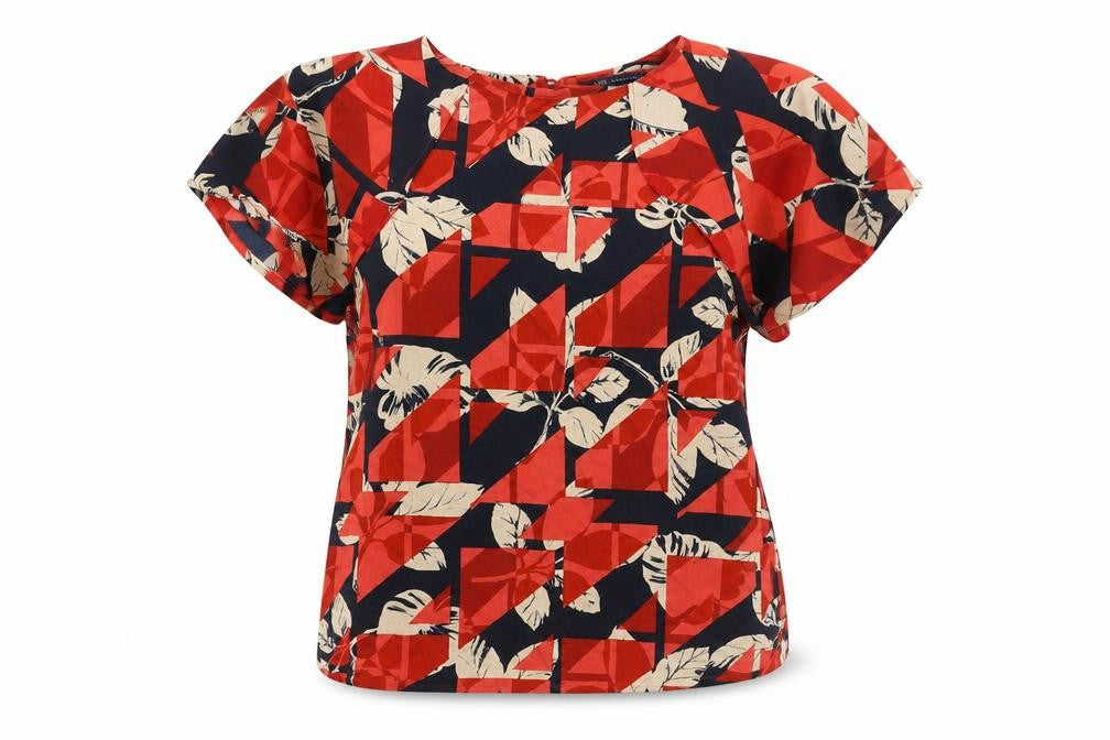 Marks & Spencer Womens Red Geometric Viscose Basic Blouse Size 14 Round Neck
