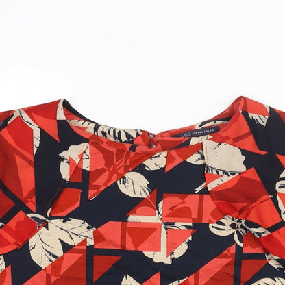 Marks & Spencer Womens Red Geometric Viscose Basic Blouse Size 14 Round Neck
