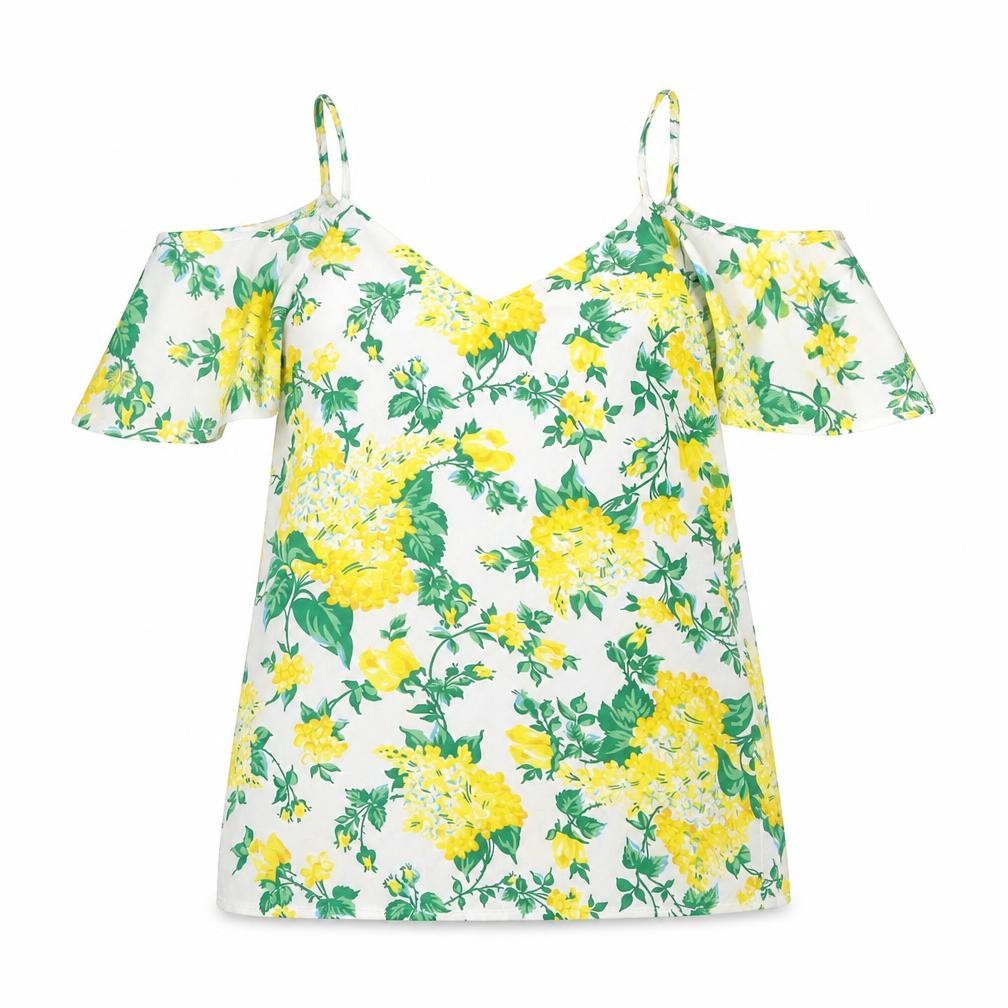 Oasis Womens Yellow Floral Polyester Basic Blouse Size 8 V-Neck - Cold Shoulder