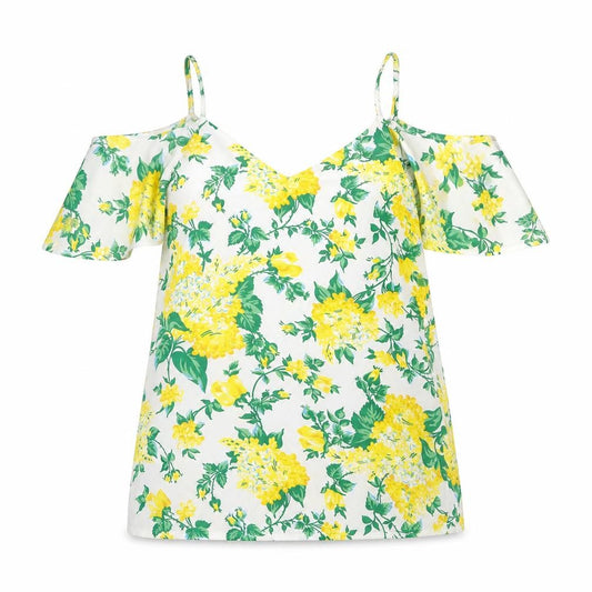Oasis Womens Yellow Floral Polyester Basic Blouse Size 8 V-Neck - Cold Shoulder
