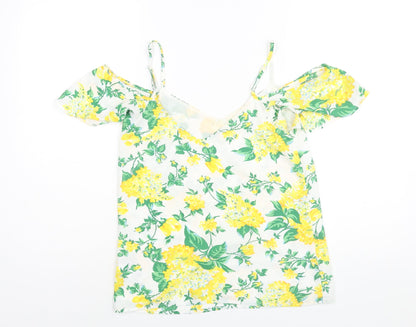 Oasis Womens Yellow Floral Polyester Basic Blouse Size 8 V-Neck - Cold Shoulder