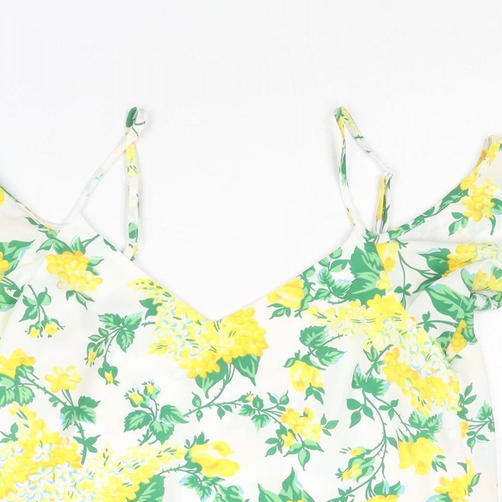 Oasis Womens Yellow Floral Polyester Basic Blouse Size 8 V-Neck - Cold Shoulder