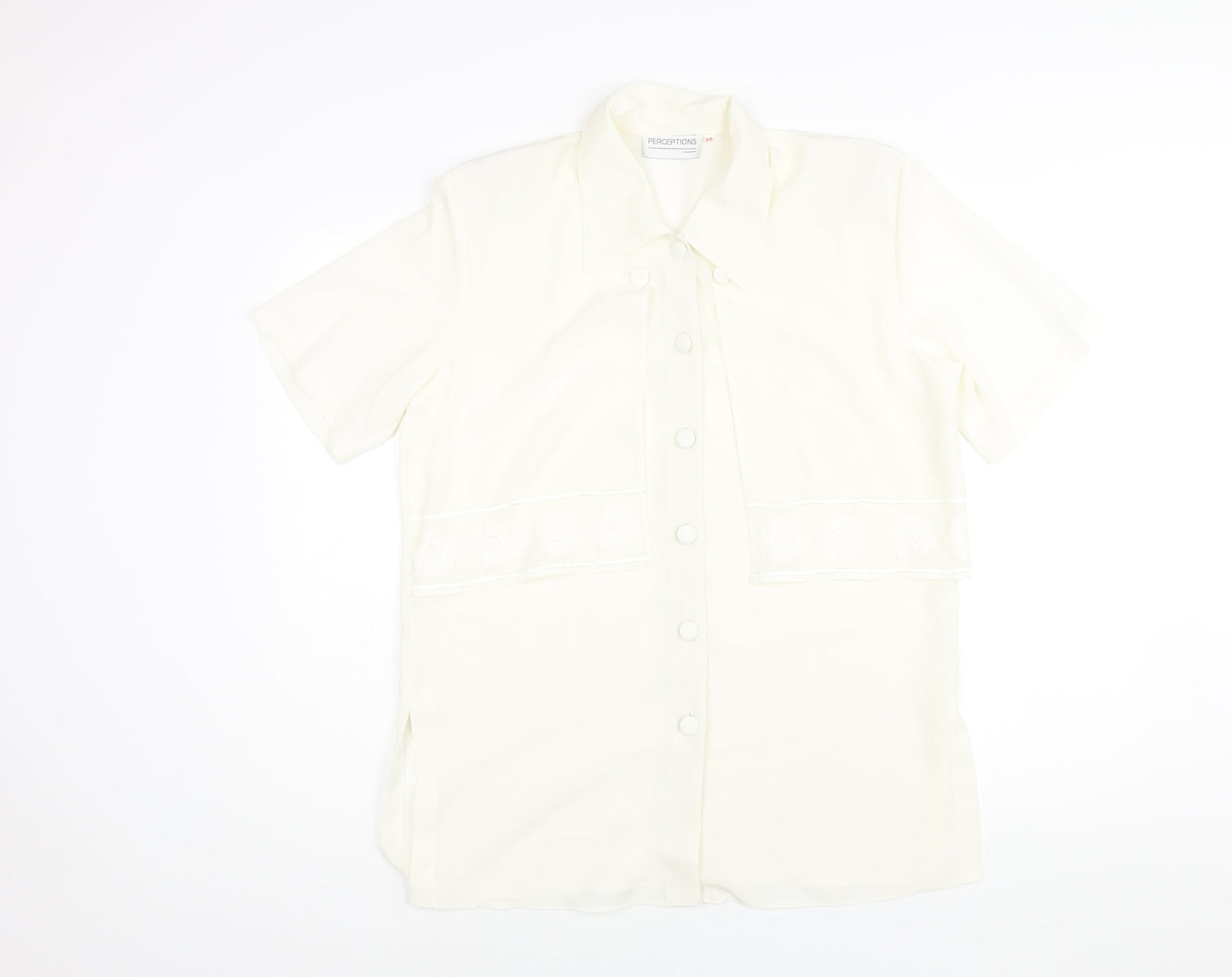 Perceptions Womens Ivory Polyester Basic Blouse Size 12 Collared - Embroidered Detail