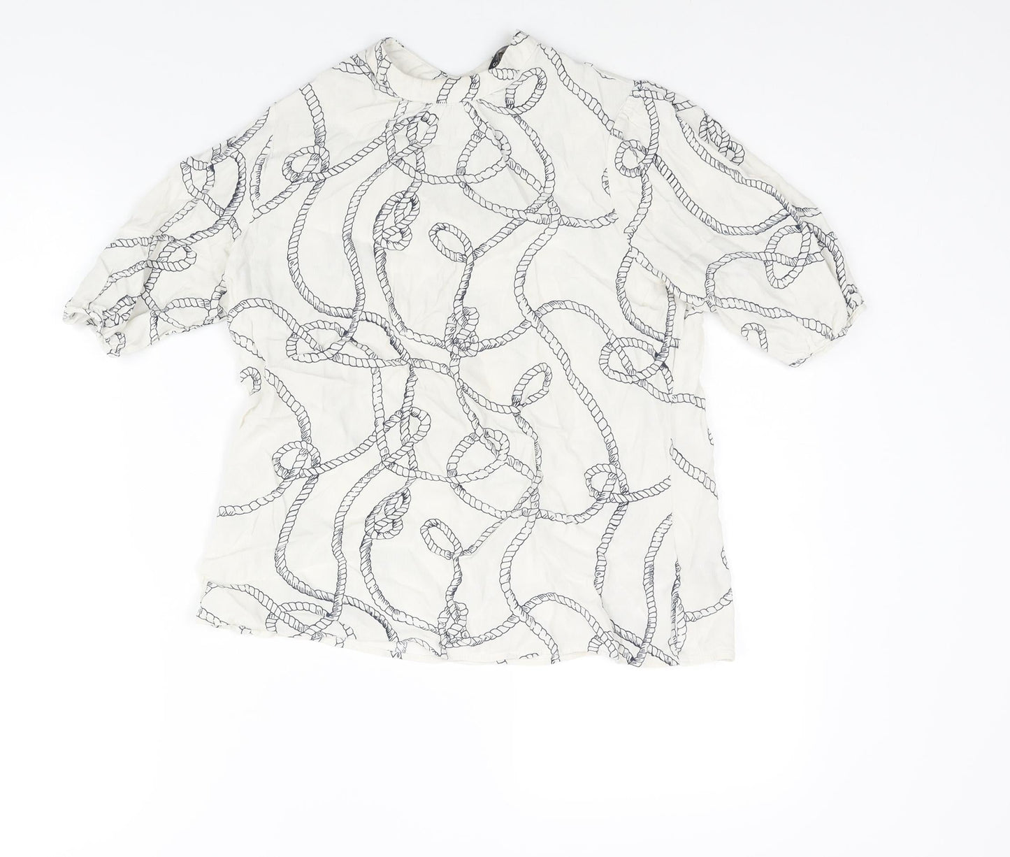 Marks and Spencer Womens White Geometric Viscose Basic Blouse Size 12 Mock Neck - Rope Pattern