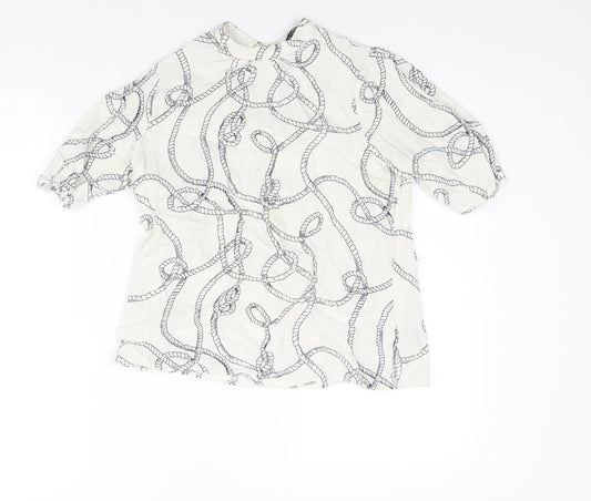 Marks and Spencer Womens White Geometric Viscose Basic Blouse Size 12 Mock Neck - Rope Pattern