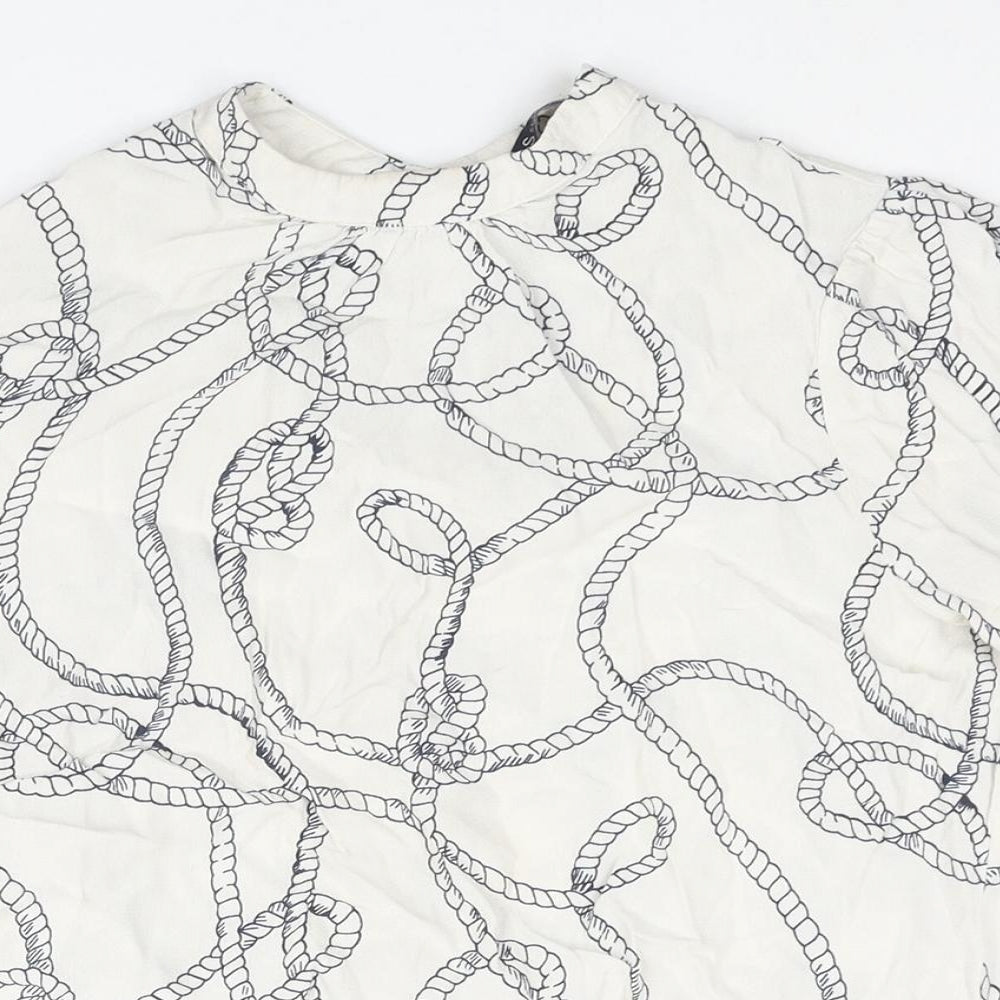 Marks and Spencer Womens White Geometric Viscose Basic Blouse Size 12 Mock Neck - Rope Pattern