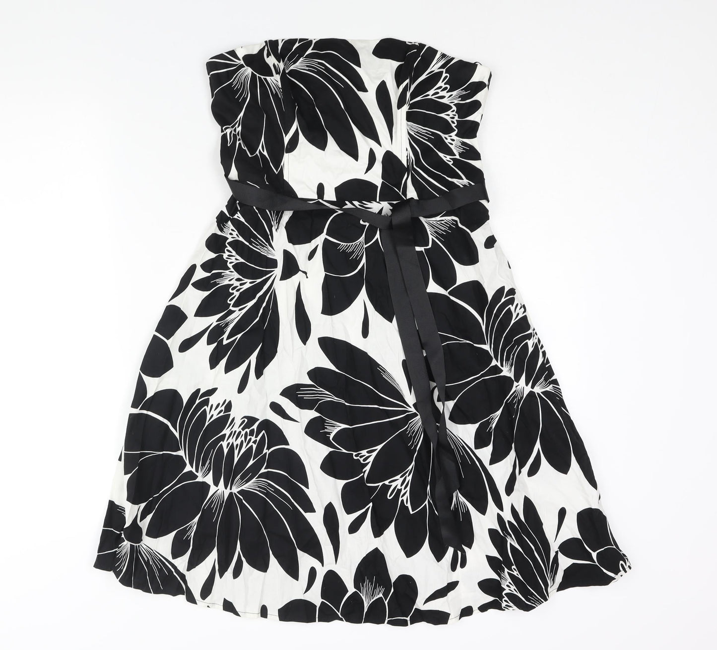 M&Co Womens Black Floral Cotton A-Line Size 12 Square Neck Zip - Belted