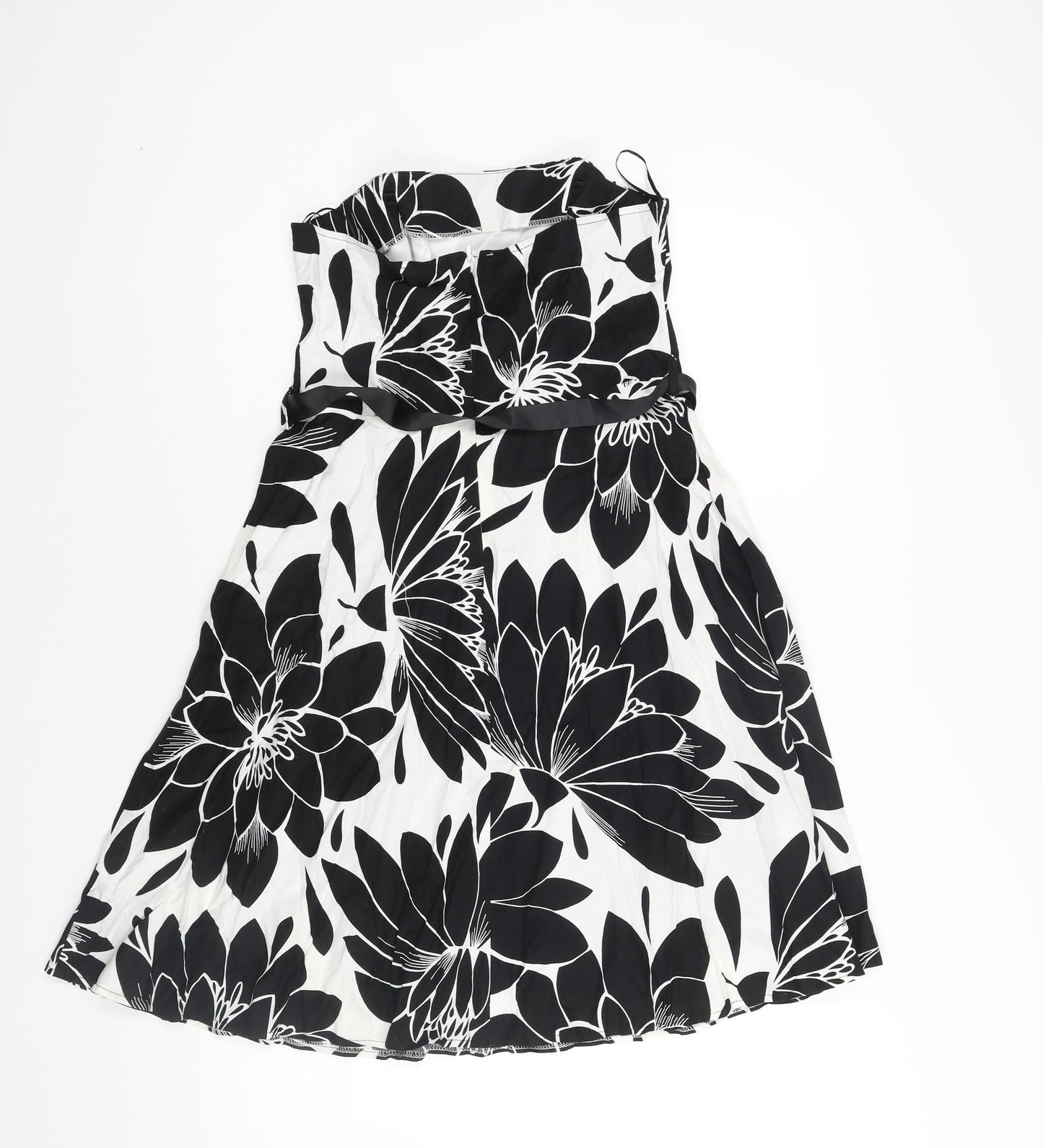 M&Co Womens Black Floral Cotton A-Line Size 12 Square Neck Zip - Belted