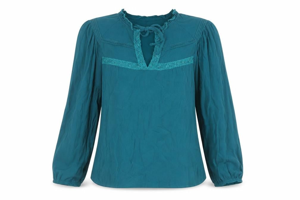 Monsoon Womens Blue Viscose Basic Blouse Size S Round Neck - Lace Trim Keyhole Neck