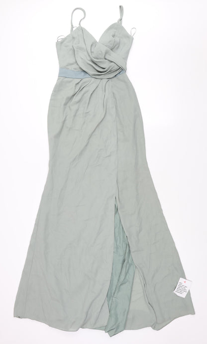 Additional front view of ASOS women’s green polyester ball gown, size UK 4, v-neck button