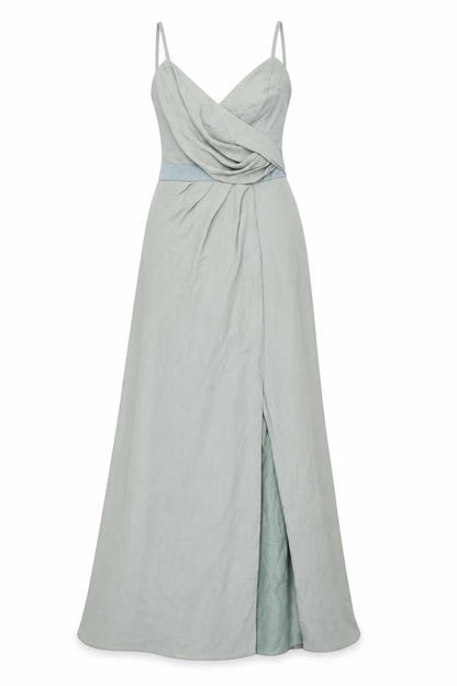 Front view of ASOS women’s green polyester ball gown, size UK 4, v-neck button