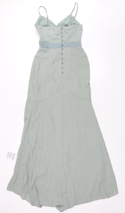 Back view of ASOS women’s green polyester ball gown, size UK 4, v-neck button