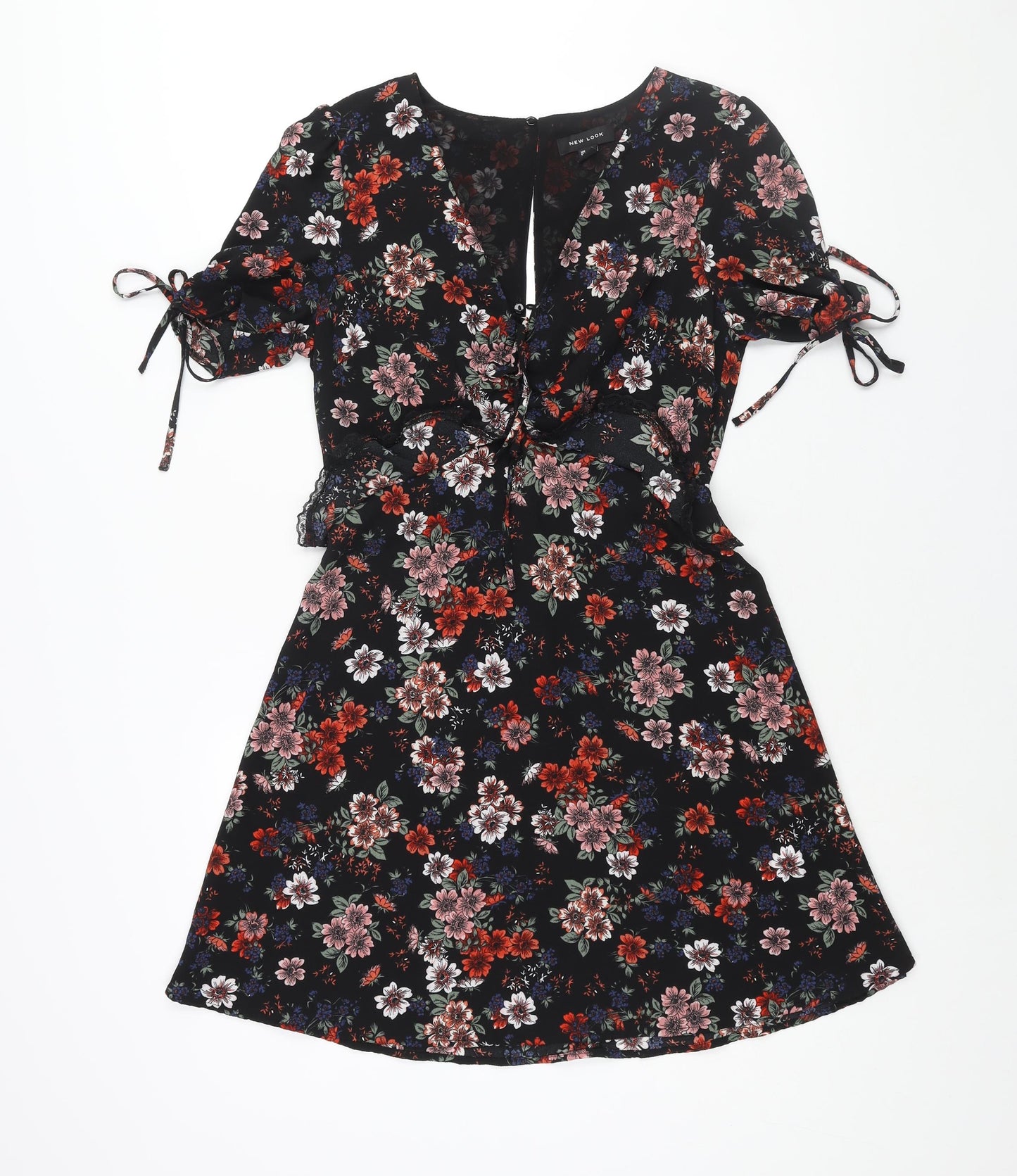 New Look Womens Black Floral Polyester A-Line Size 10 V-Neck Zip - Lace Trim Frill Bow