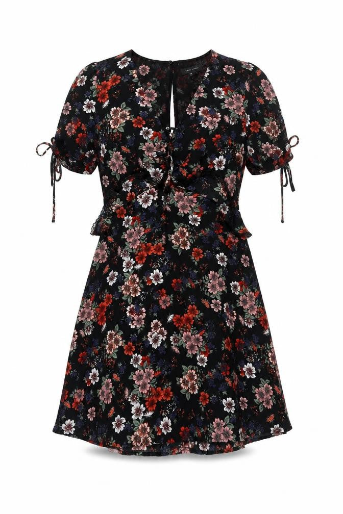 New Look Womens Black Floral Polyester A-Line Size 10 V-Neck Zip - Lace Trim Frill Bow