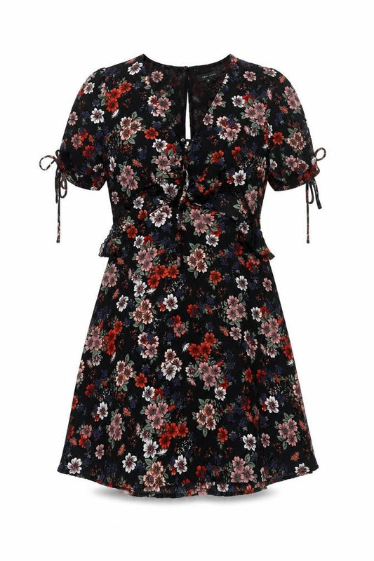 New Look Womens Black Floral Polyester A-Line Size 10 V-Neck Zip - Lace Trim Frill Bow
