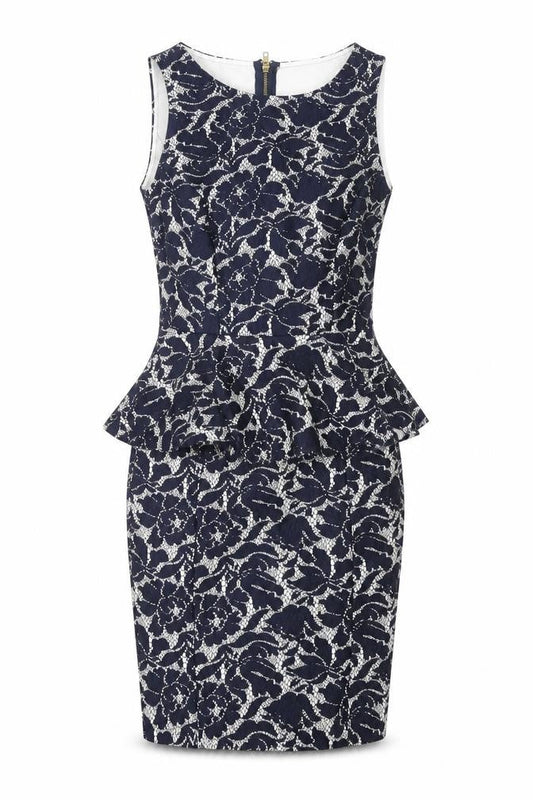 Warehouse Womens Blue Floral Polyester Pencil Dress Size 6 Round Neck Zip - Peplum