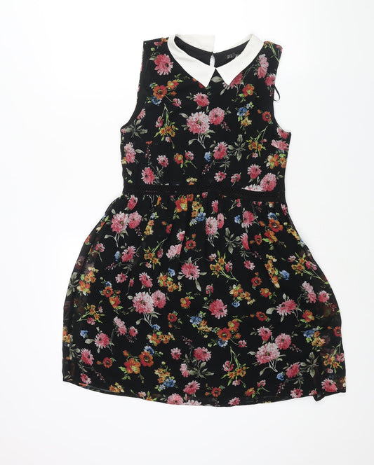 Zara Womens Black Floral Polyester A-Line Size M Collared Zip