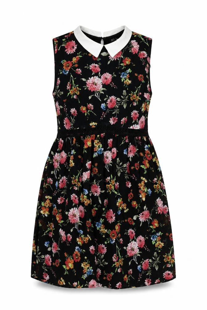 Zara Womens Black Floral Polyester A-Line Size M Collared Zip