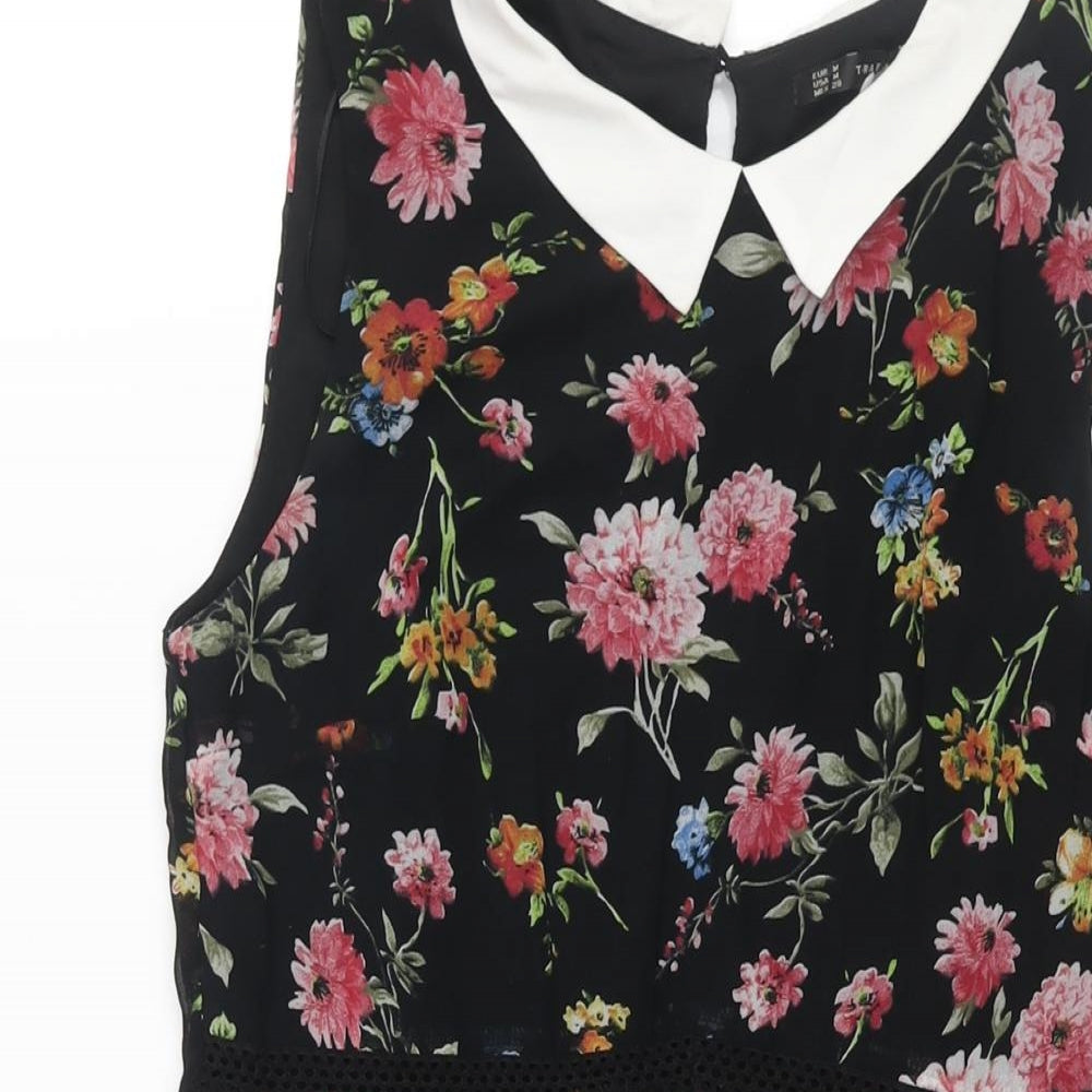 Zara Womens Black Floral Polyester A-Line Size M Collared Zip