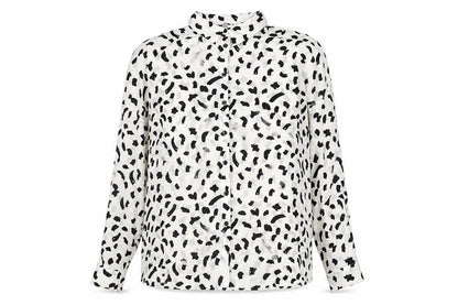 Front view of ASOS women’s white geometric polyester basic button-up, size UK 14, collared