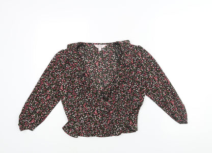 Additional front view of Miss Selfridge women’s multicoloured floral polyester wrap blouse, size UK 6, v-neck - frill
