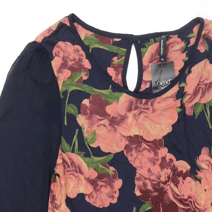 Next Womens Multicoloured Floral Viscose Mini Size 12 Round Neck Button