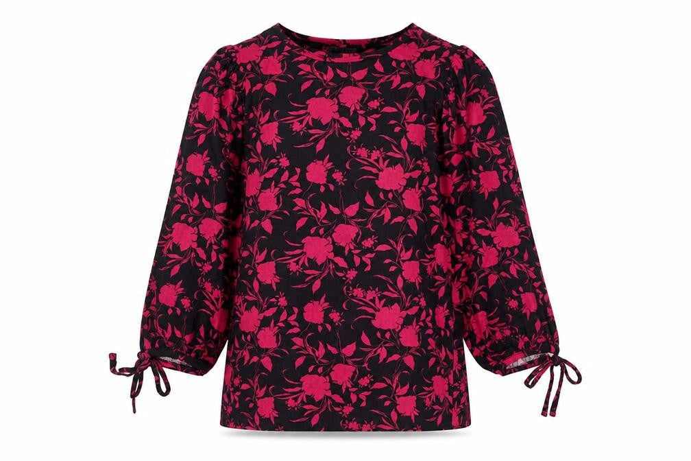 Principles Womens Pink Floral Viscose Basic Blouse Size 12 Round Neck - Bow Detail