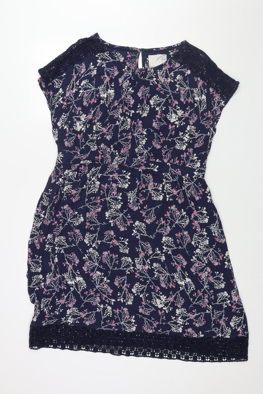 RJR.John Rocha Womens Blue Floral Viscose Shift Size 16 Round Neck Button - Lace Detail Belted
