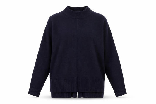Front view of Red Herring women’s blue mock neck acrylic jumper, size UK 12