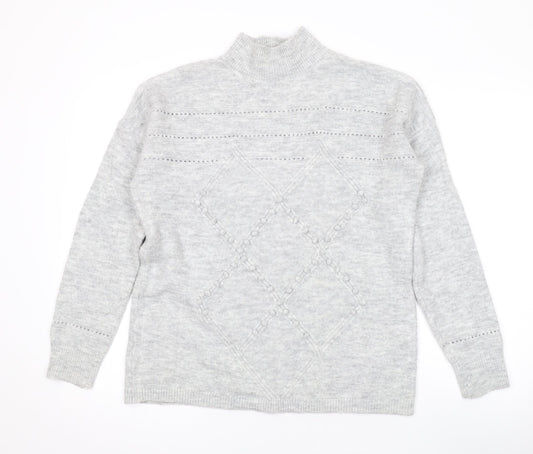 Oasis Womens Grey Mock Neck Geometric Acrylic Pullover Jumper Size S