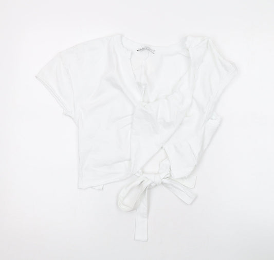 Zara Womens White Cotton Cropped T-Shirt Size M Round Neck