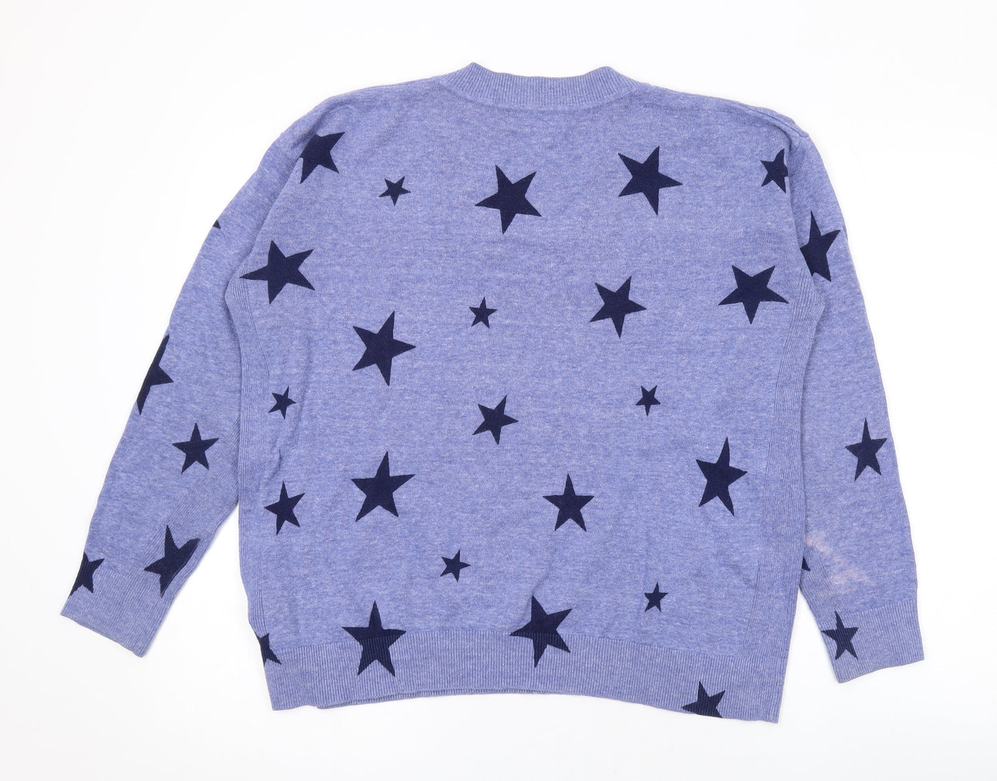 Marks and Spencer Womens Blue V-Neck Geometric Cotton Pullover Jumper Size M - Star Print