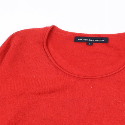 Close-up detail of French Connection women’s red scoop neck acrylic jumper, size S