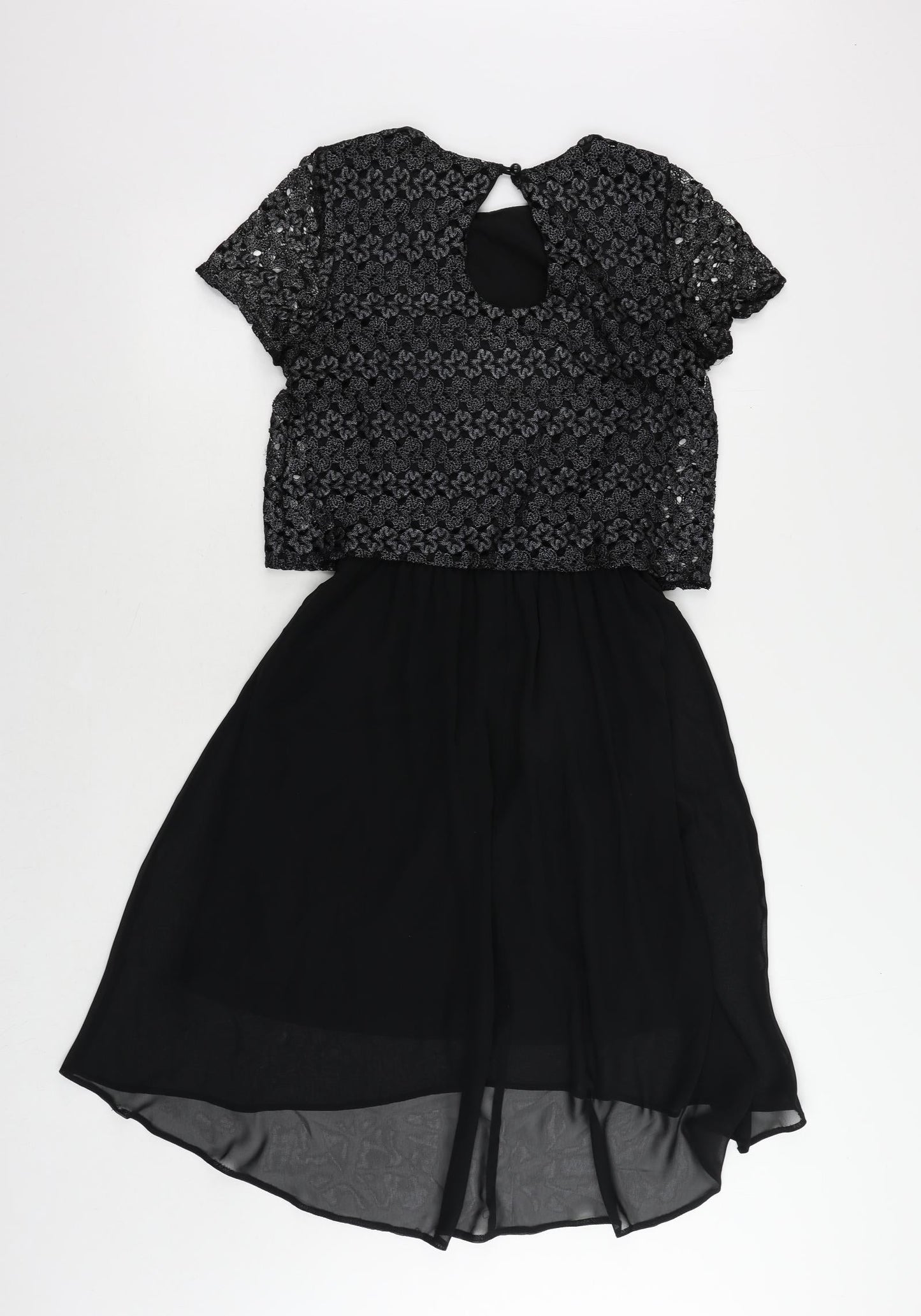 River Island Womens Black Polyester Fit & Flare Size 8 Round Neck Button - Lace Overlay