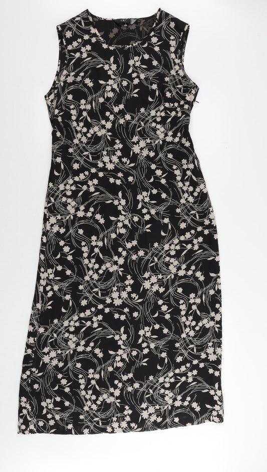 C.M.T. Womens Black Floral Polyester Maxi Size 14 Round Neck Zip