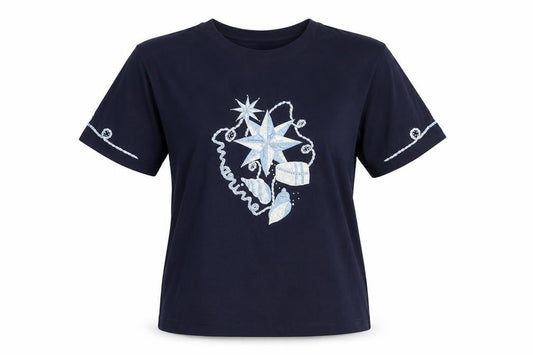 Instyle Womens Blue Polyester Basic T-Shirt One Size Round Neck - Beaded
