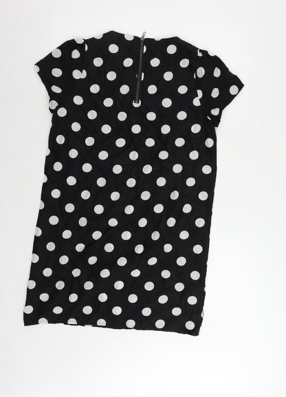 Boohoo Womens Black Polka Dot Polyester Shift Size 10 Round Neck Zip