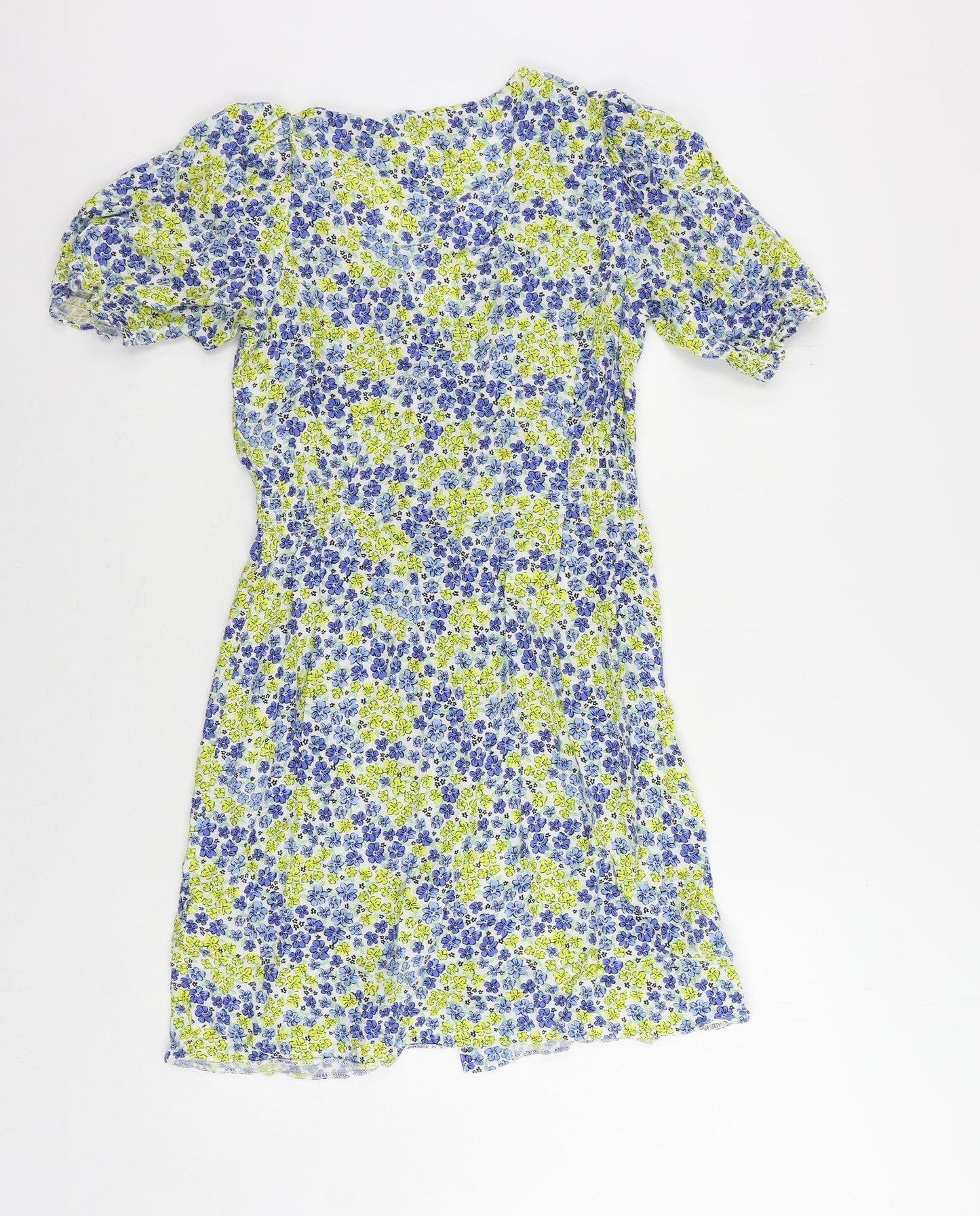 New Look Womens Blue Floral Viscose A-Line Size 6 V-Neck Button