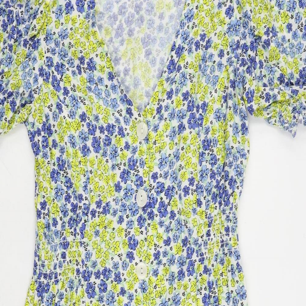 New Look Womens Blue Floral Viscose A-Line Size 6 V-Neck Button