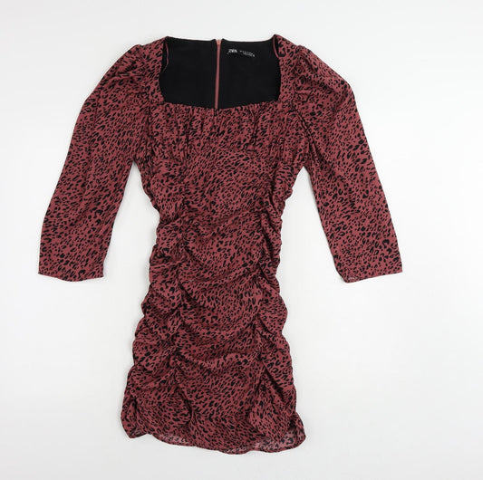 Zara Womens Pink Animal Print Polyester Bodycon Size S Square Neck Zip - Ruched