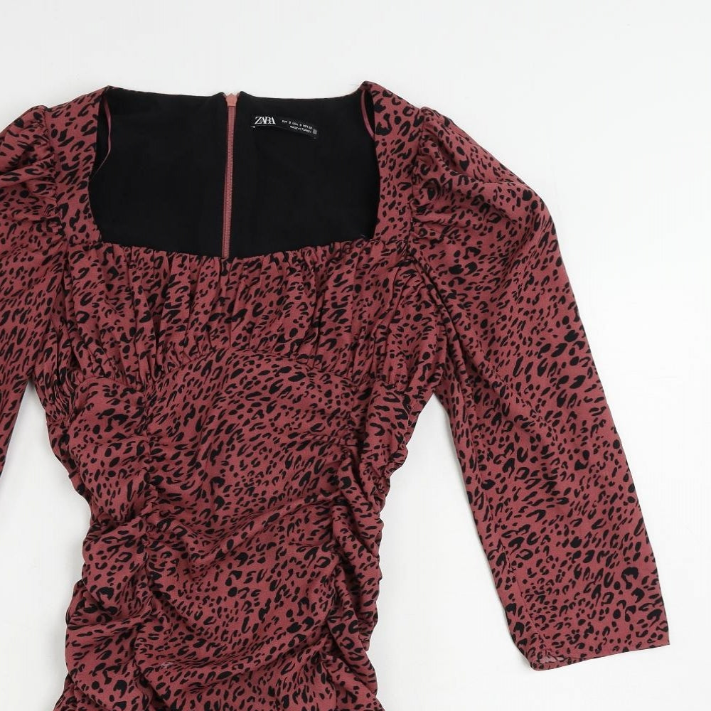 Zara Womens Pink Animal Print Polyester Bodycon Size S Square Neck Zip - Ruched