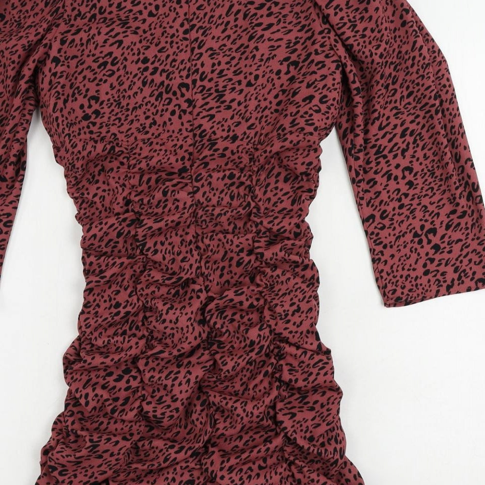 Zara Womens Pink Animal Print Polyester Bodycon Size S Square Neck Zip - Ruched