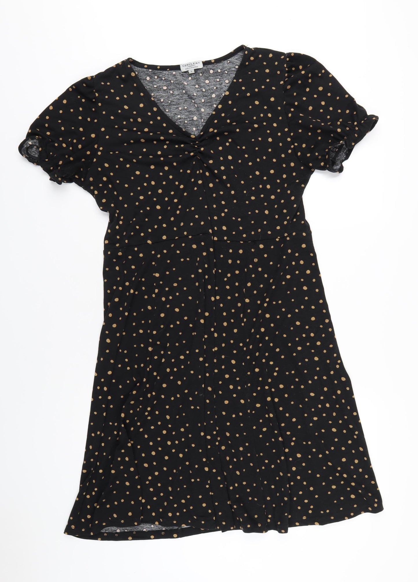CERULEAN Womens Black Polka Dot Polyester A-Line Size L V-Neck Pullover