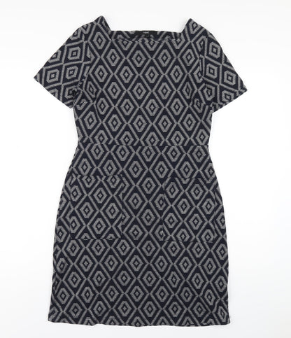 Next Womens Blue Geometric Polyester A-Line Size 10 Square Neck Pullover